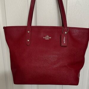 Coach Red Leather Tote with Hanging Logo Tag